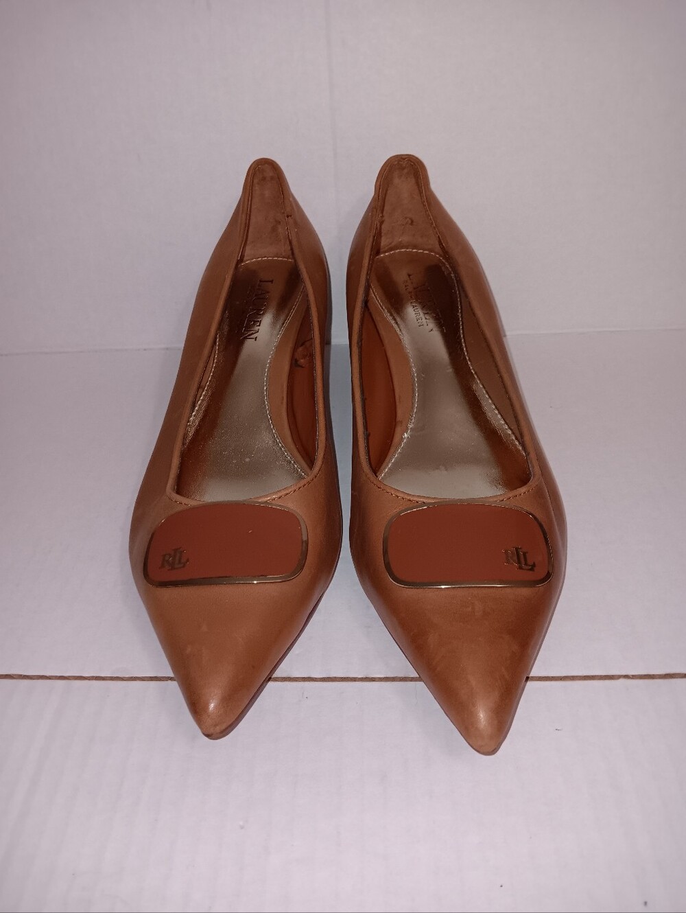 Lauren Ralph Lauren Abina Cognac Leather Pointed-Toe Pumps with RL Plaque